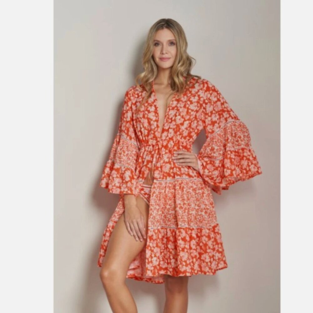 NWT Cosita Linda Floral Bell Sleeve Kimono Cover Up Medium Resortwear - Picture 3 of 8